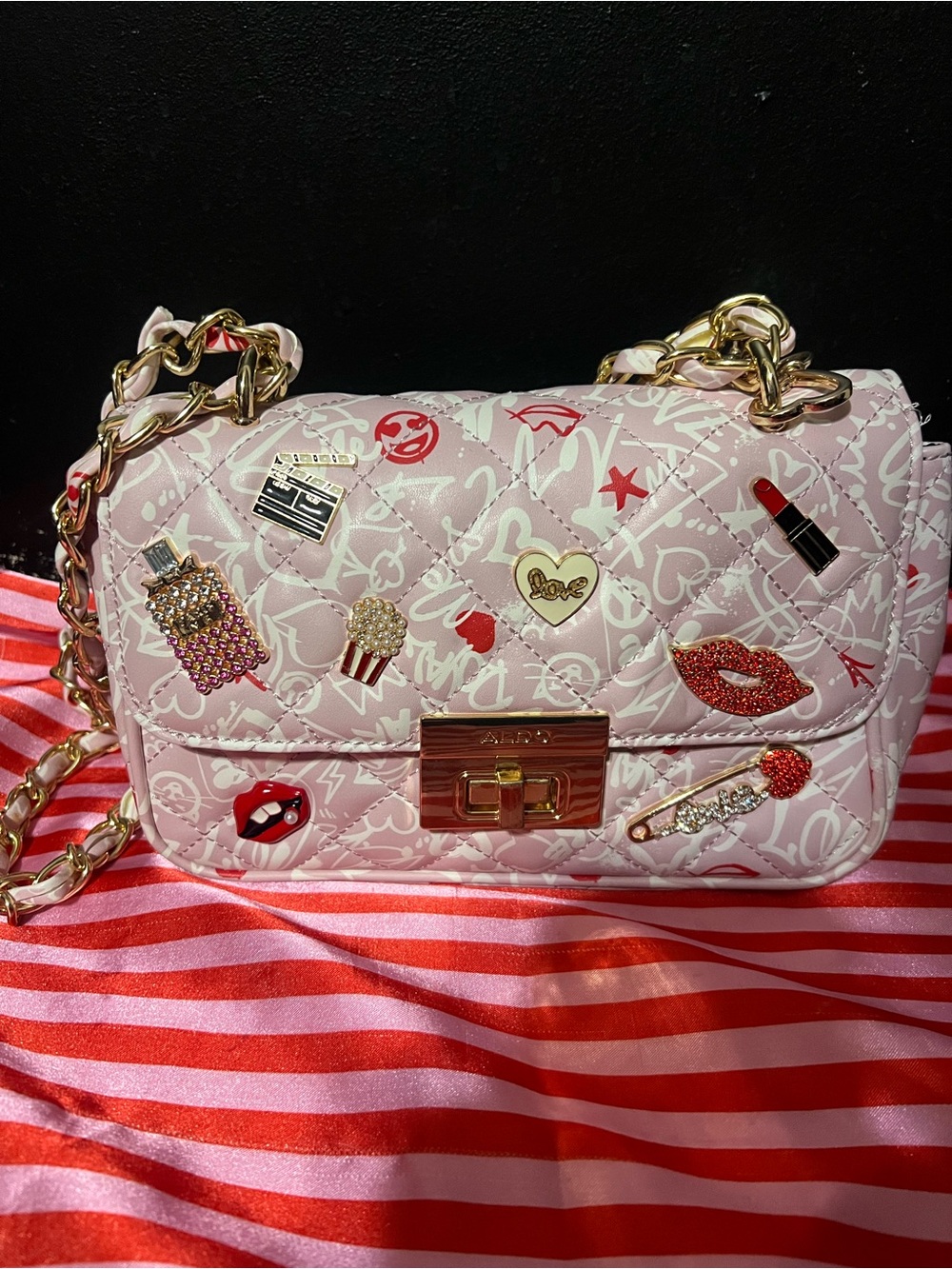 Aldo Blush Quilted Shoulder Bag with Gold Chain and Enamel Valentine Love Pins